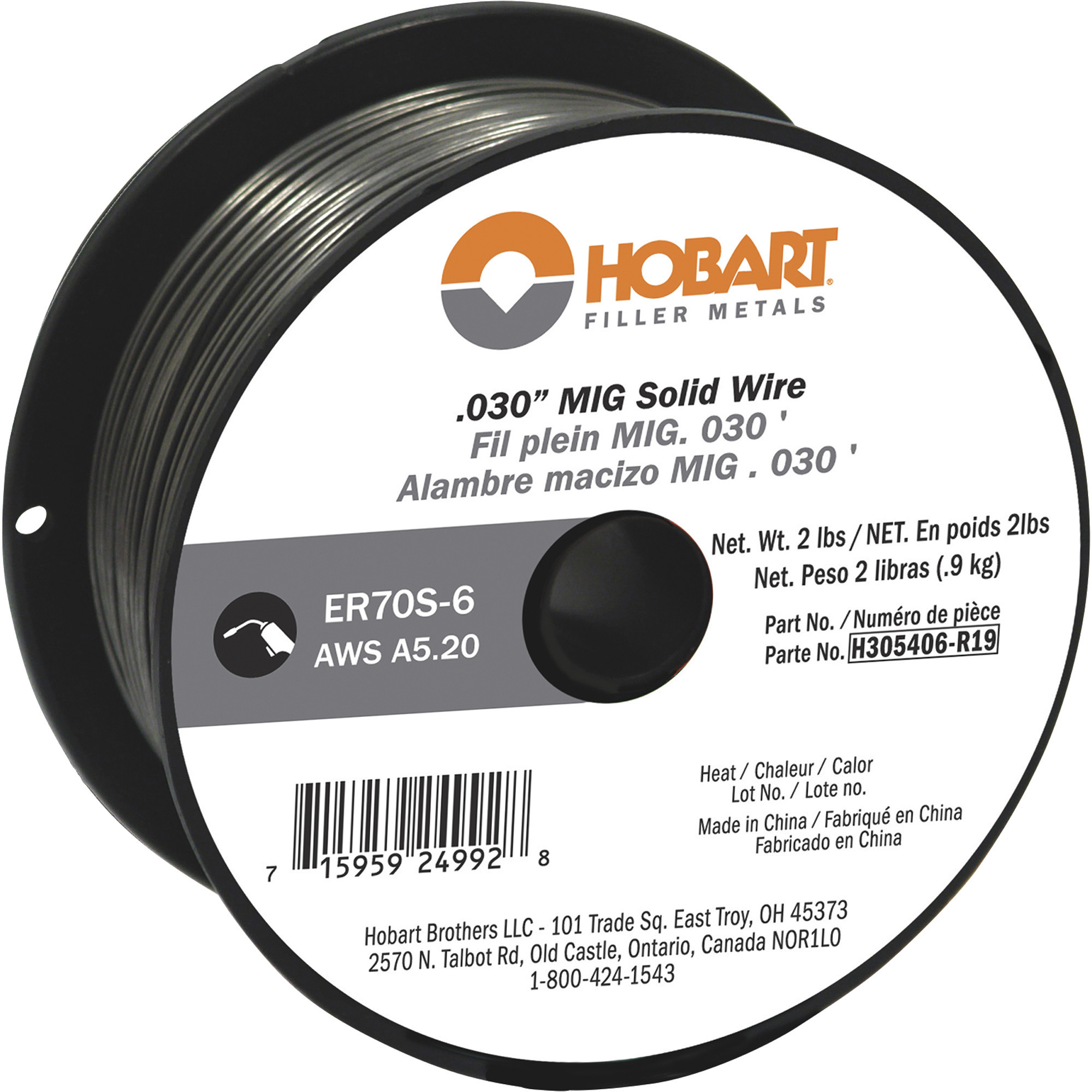 Hobart MIG Welding Wire, ER70S-6 Carbon Steel, .030in., 2-Lb. Spool, Model# H305406-R19